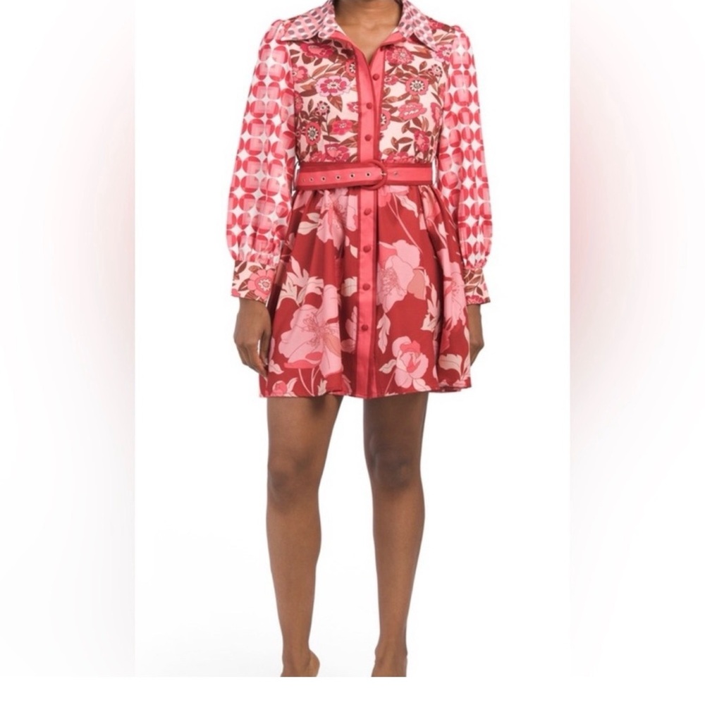 Floral Red Long-Sleeve Belted Dress